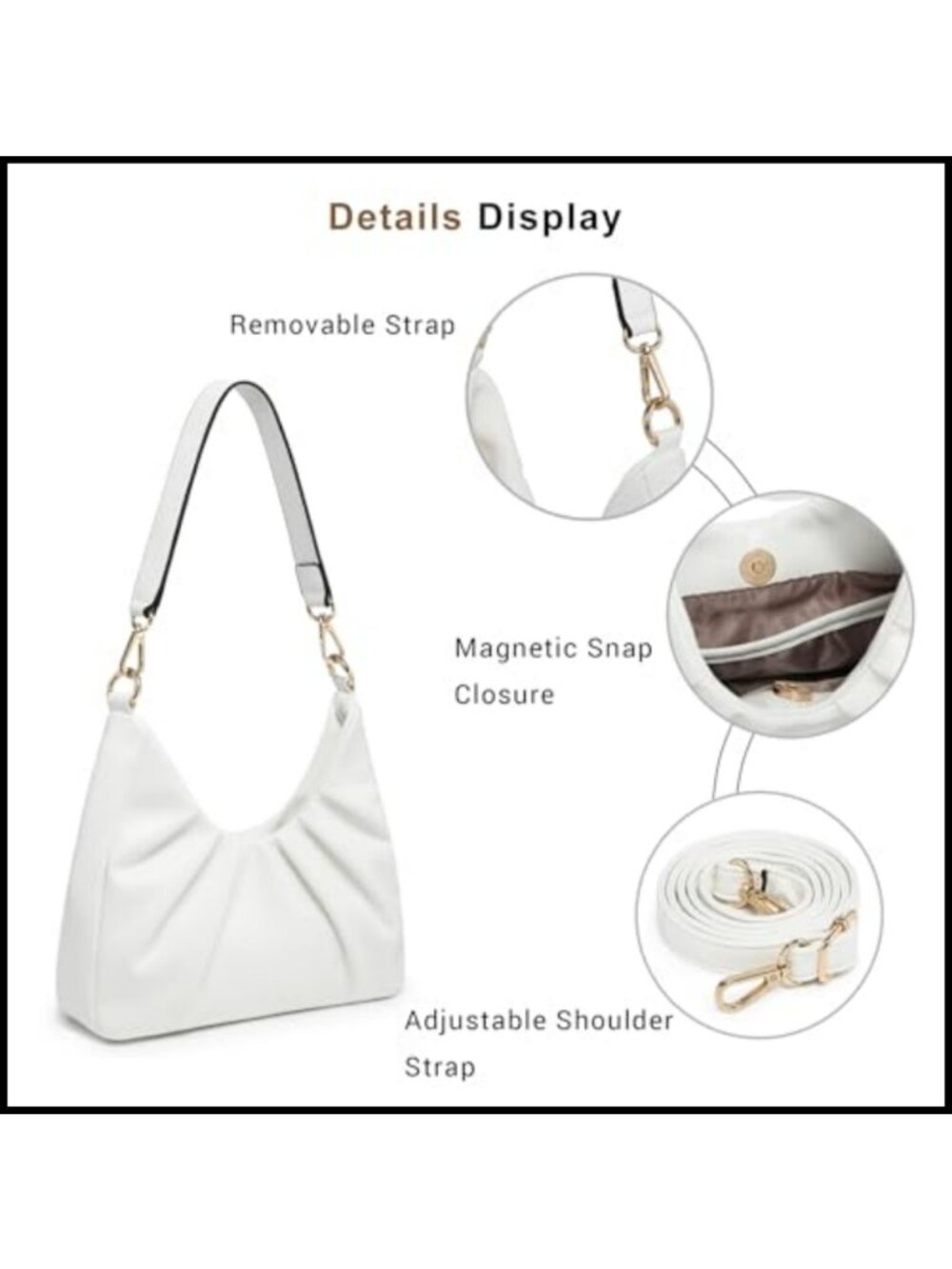 Pleated Vegan Leather Hobo Bag Removable Strap Crossbody Purse - Picture 5 of 6